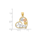 14k Tri-Color Gold Heart Mom Pendant with Rose, White, and Yellow Gold Floral Design
