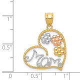 14k Tri-Color Gold Heart Mom Pendant with Rose, White, and Yellow Gold Floral Design
