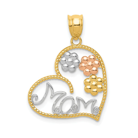 14k Tri-Color Gold Heart Mom Pendant with Rose, White, and Yellow Gold Floral Design