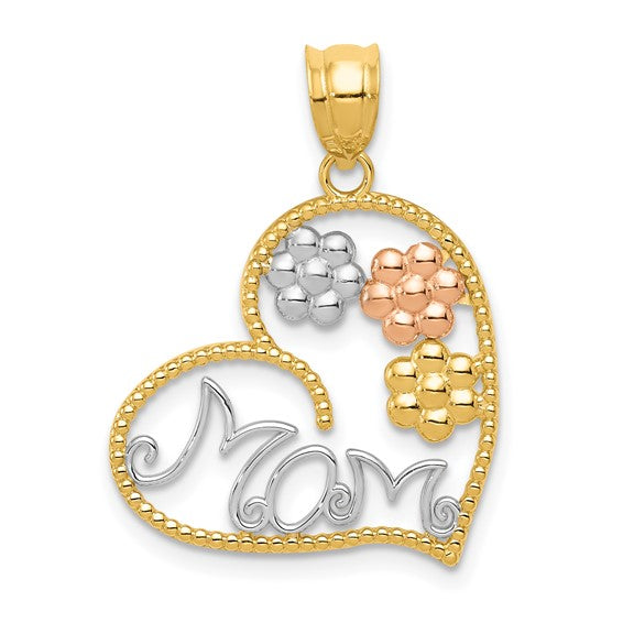 14k Tri-Color Gold Heart Mom Pendant with Rose, White, and Yellow Gold Floral Design