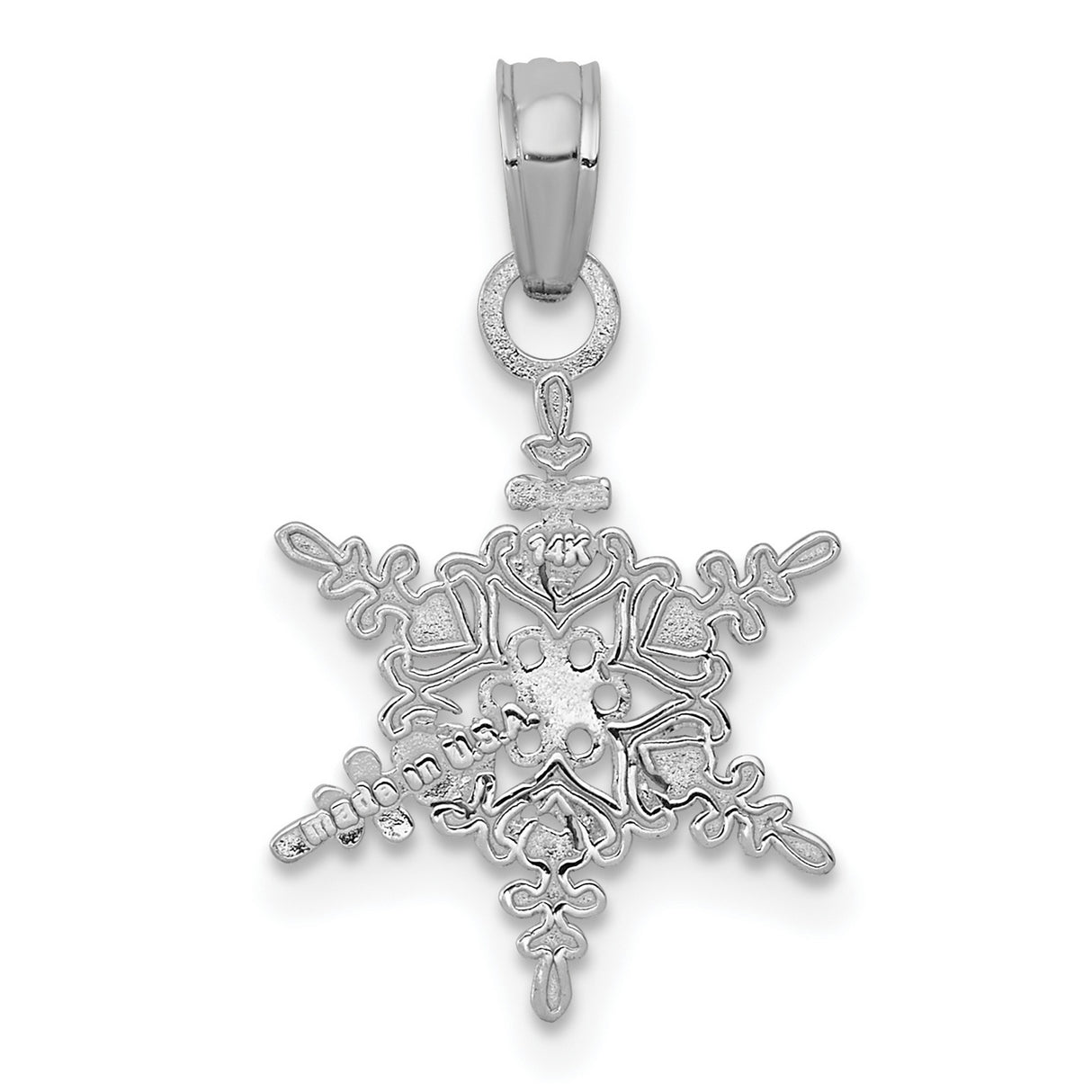 14k White Gold Snowflake Pendant, Symmetrical Winter Charm Design for Women