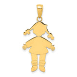 14k Yellow Gold Girl Pendant with Pigtails, Cartoon Silhouette Charm, Mother Daughter Jewelry