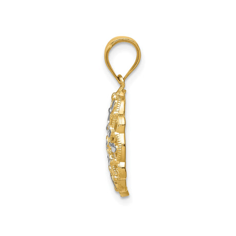 14k Multi-Tone Gold Filigree Pendant with Mandala Floral Design and Diamond Cut Accents