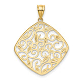 14k Two-Tone Gold Diamond-Shaped Pendant with Filigree Scroll and Leaf Design for Women