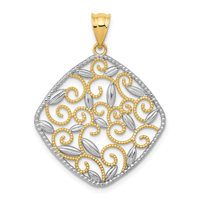 14k Two-Tone Gold Diamond-Shaped Pendant with Filigree Scroll and Leaf Design for Women