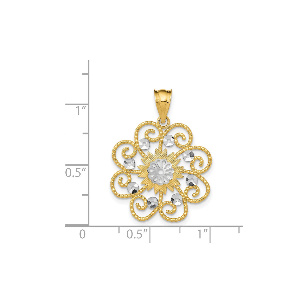 14k Yellow Gold and Rhodium Flower Pendant with Filigree Swirls and Diamond-Cut Accents
