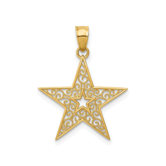 14k Yellow Gold Star Pendant with Openwork Filigree Design, Celestial Charm for Women