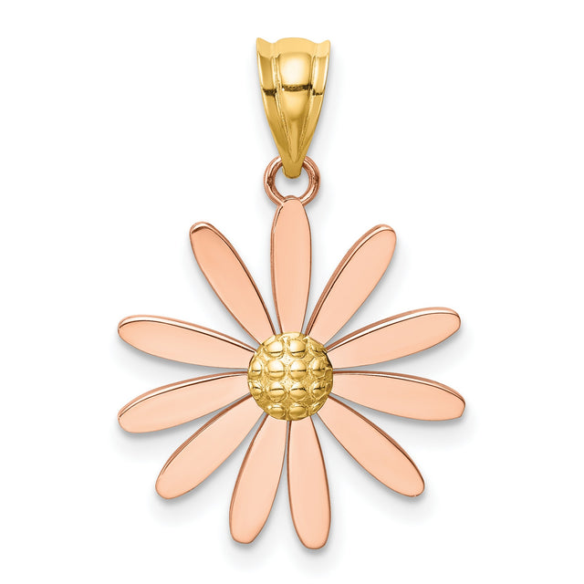 14k Two-Tone Gold Daisy Pendant with Rose Gold Petals and Textured Center, Floral Charm