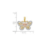 14k Two-Tone Gold Butterfly Pendant with Rose, White, and Yellow Accents, Filigree Design