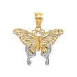 14k Two-Tone Gold Butterfly Pendant with Openwork Wings and Rhodium Accents