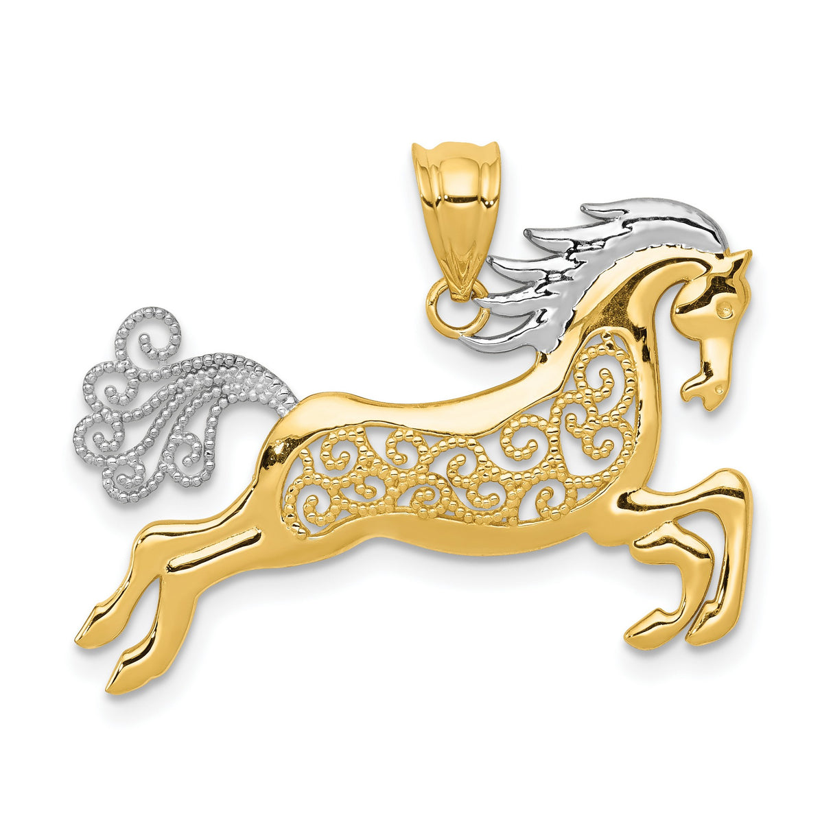 14k Two-Tone Gold Leaping Horse Pendant with Rhodium Accents and Filigree Detail