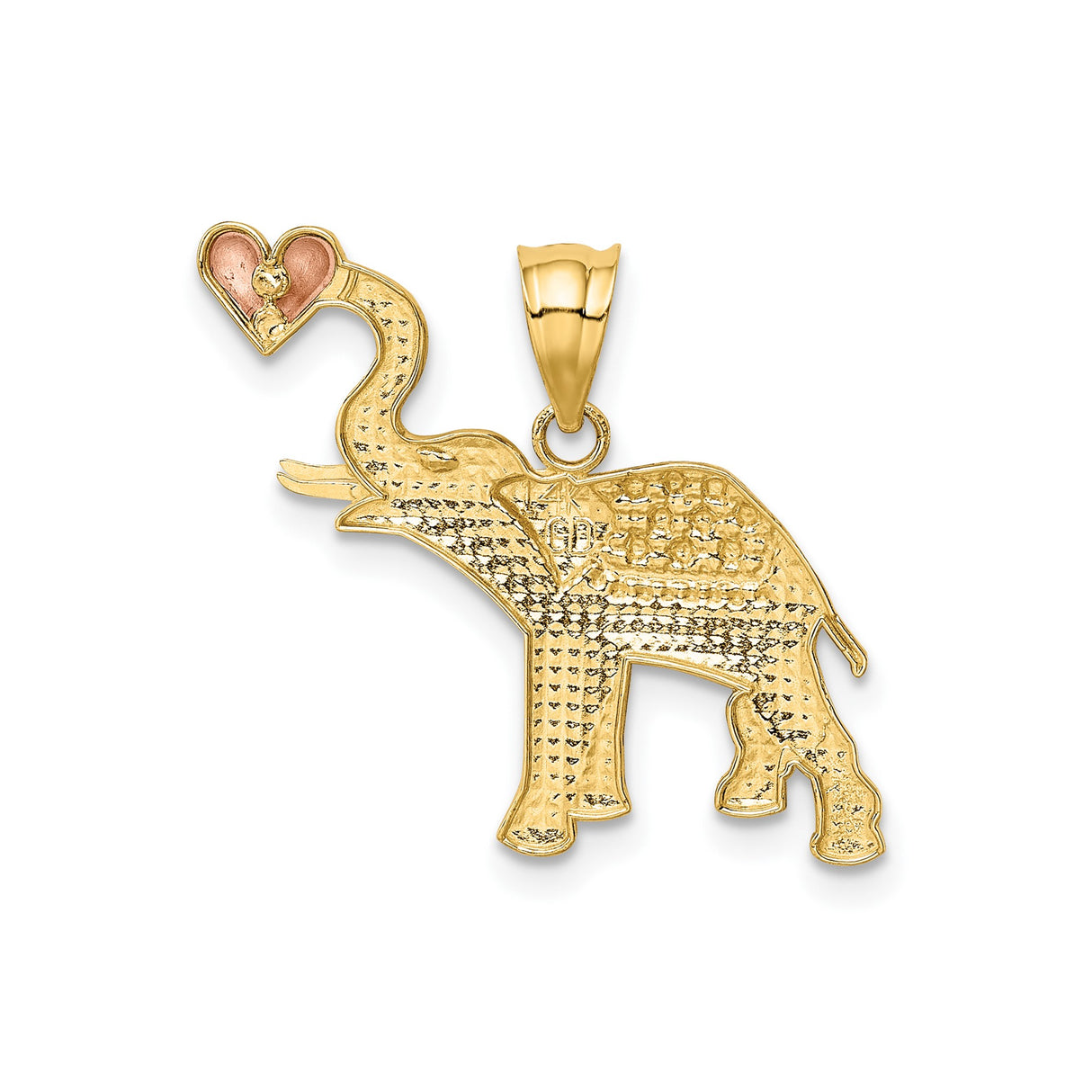 14k Two-Tone Gold Elephant Pendant with Raised Trunk and Heart Design