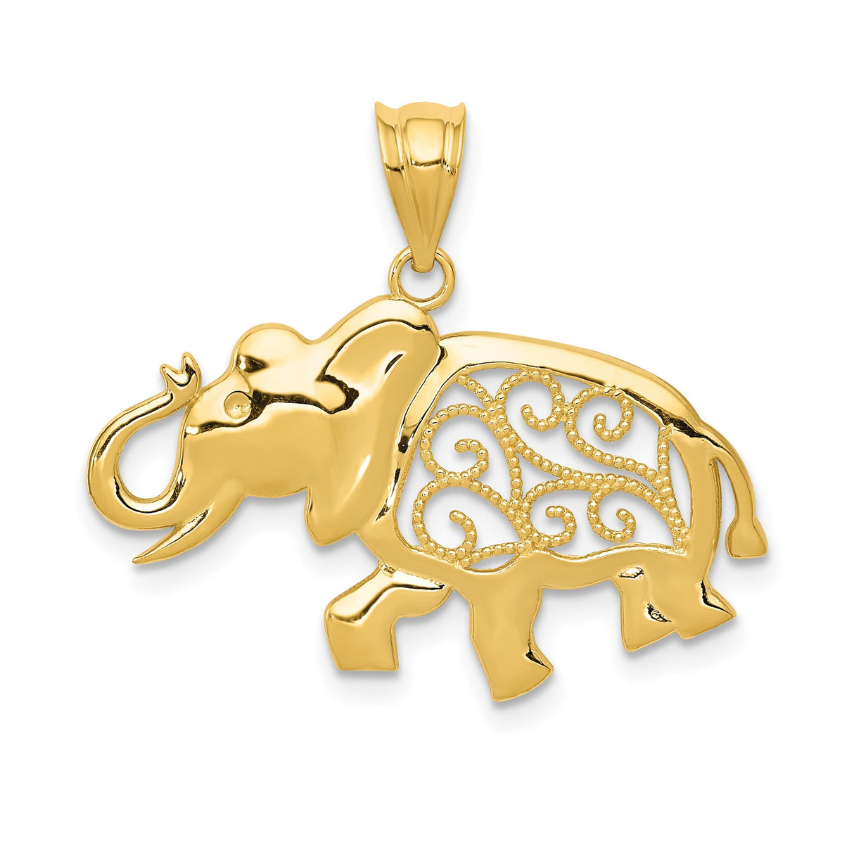 14k Yellow Gold Elephant Pendant with Ornate Filigree Design, Lucky Spiritual Amulet for Women