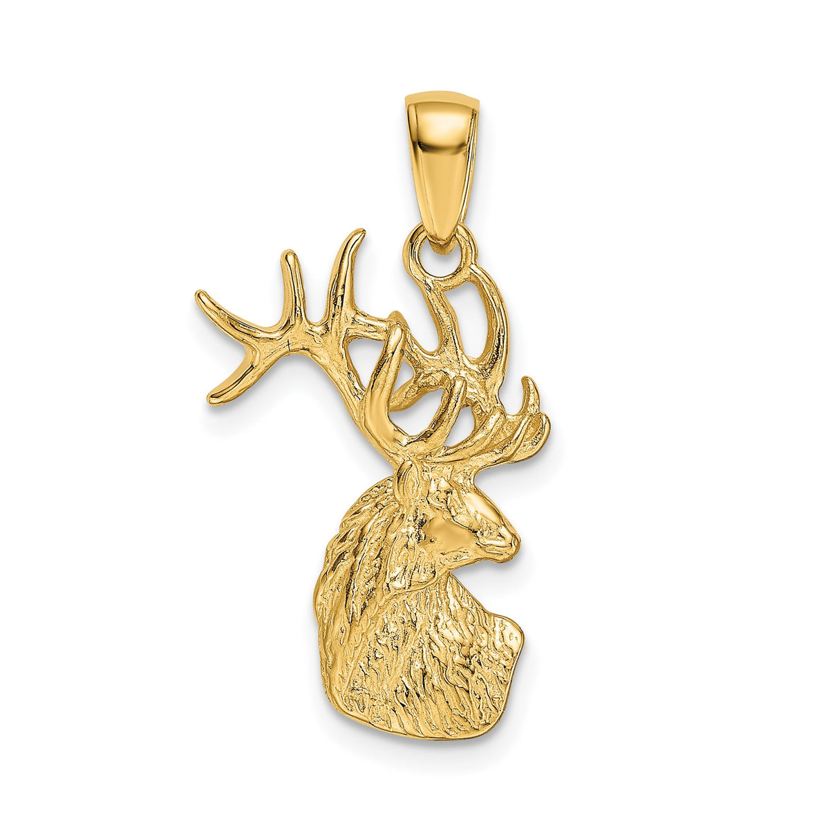 14k Yellow Gold Elk Head Pendant with Detailed Antlers, Rustic Wildlife Hunter Jewelry