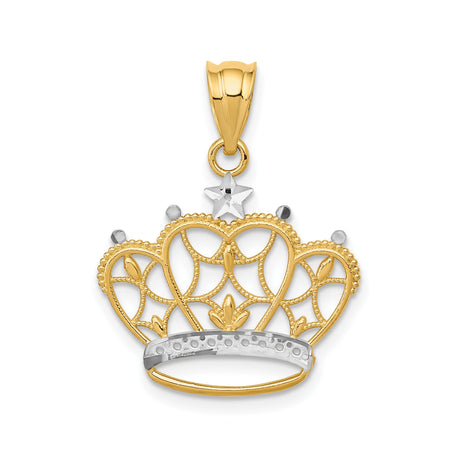 14k Multi-Tone Gold Crown Pendant with Filigree Design and Rhodium Trim