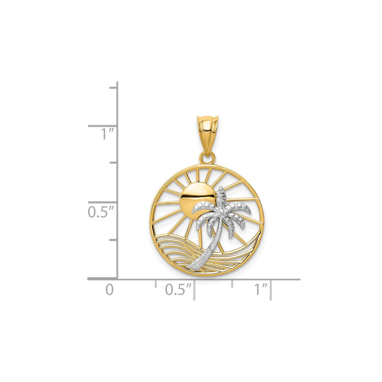 14k Two-Tone Gold Palm Tree Pendant with Sun and Ocean Wave Design