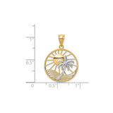 14k Two-Tone Gold Palm Tree Pendant with Sun and Ocean Wave Design