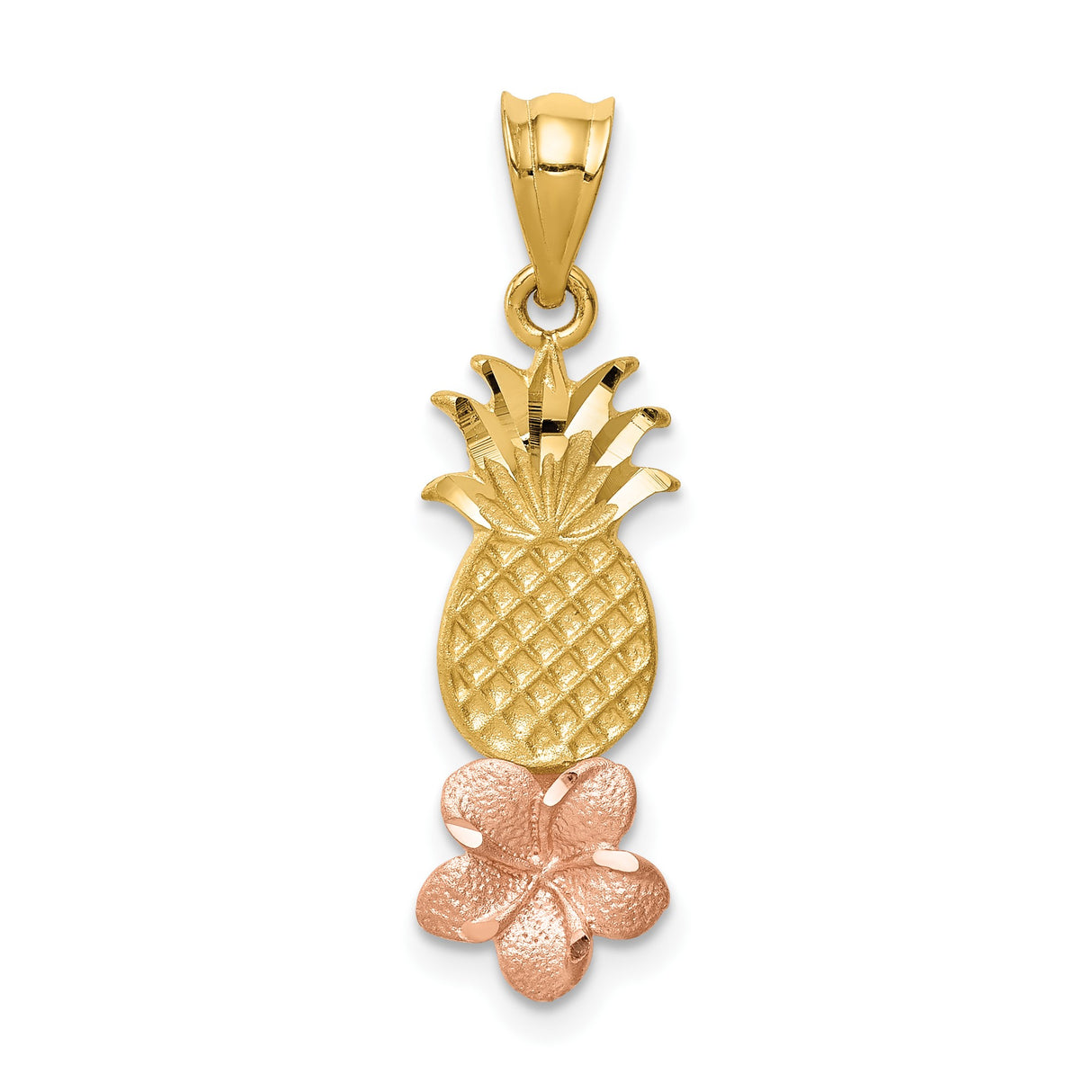 14k Two-Tone Gold Pineapple Pendant with Rose Gold Plumeria Flower, Tropical Hawaiian Jewelry