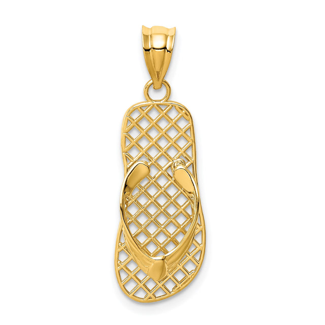 14k Yellow Gold Flip Flop Sandal Pendant with Open Lattice Design, Beach Vacation Charm