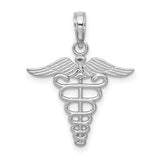 14k White Gold Caduceus Pendant with Winged Staff and Two Snakes Symbol Charm
