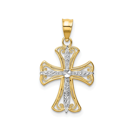 14k Multi-Tone Gold Cross Pendant with Fleur de Lis Detail and Rhodium Accents