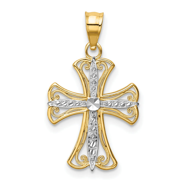 Fleur De Lis Cross Charm Pendant in Real 14k Multi-Tone Gold