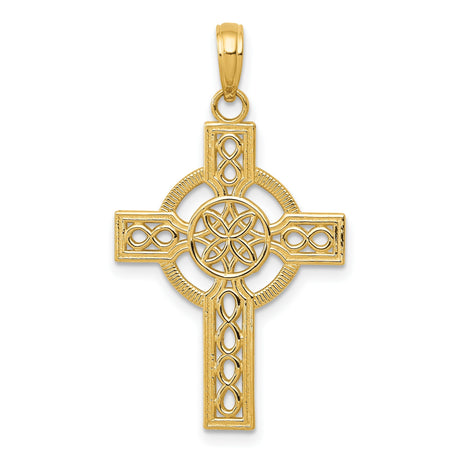 Textured High Cross with Celtic Knot Pattern Charm Pendant in Real 14k Yellow Gold