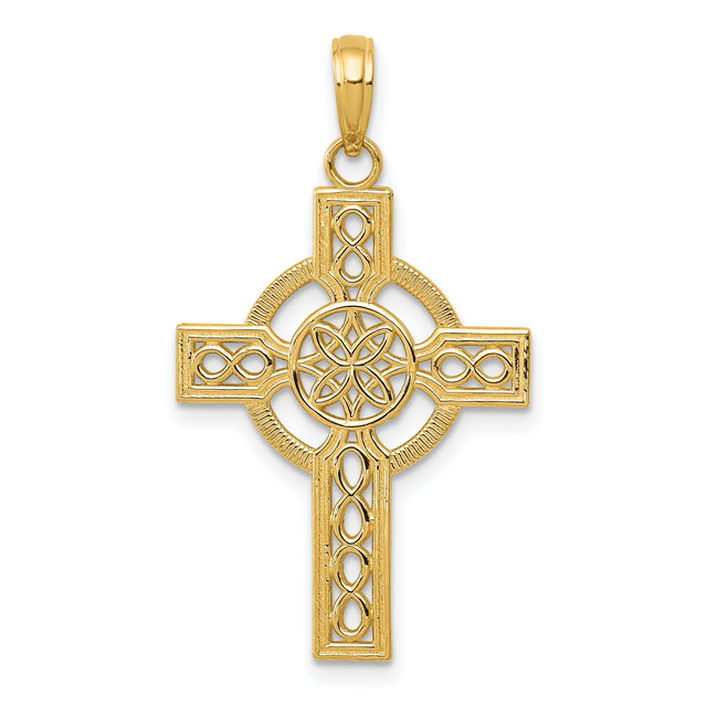 Textured High Cross with Celtic Knot Pattern Charm Pendant in Real 14k Yellow Gold