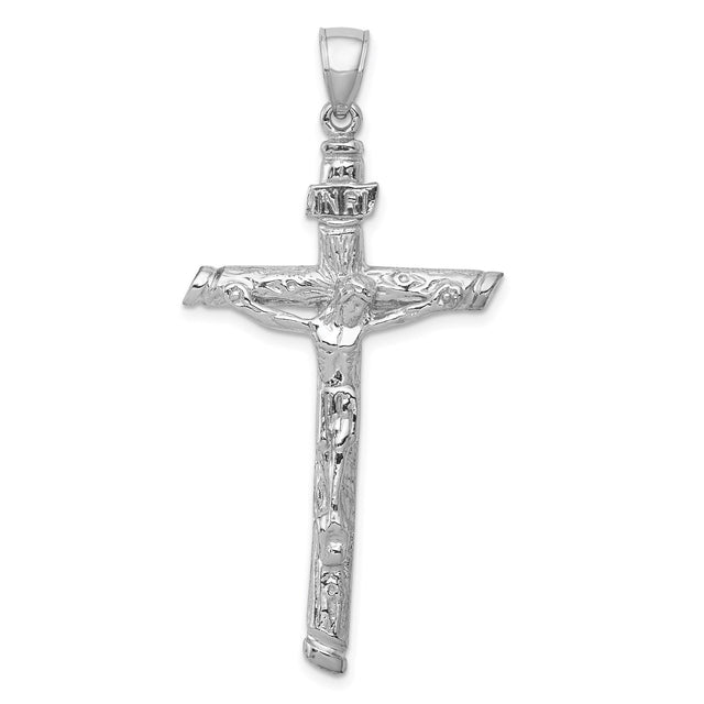 14k White Gold Crucifix Pendant with Textured INRI Jesus Cross Christian Symbol