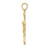 14k Yellow Gold Crucifix Pendant with Fleur de Lis and High Relief Jesus Figure