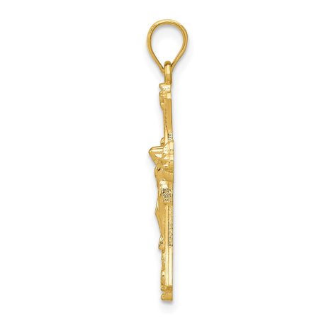 14k Yellow Gold Crucifix Pendant with Fleur de Lis and High Relief Jesus Figure