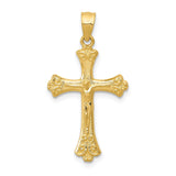14k Yellow Gold Crucifix Pendant with Fleur de Lis and High Relief Jesus Figure