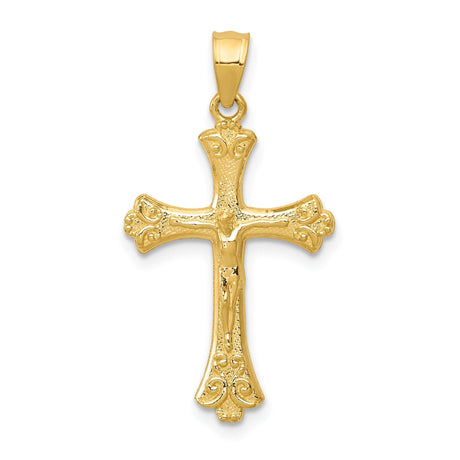 14k Yellow Gold Crucifix Pendant with Fleur de Lis and High Relief Jesus Figure