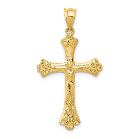 14k Yellow Gold Crucifix Pendant, Baroque Style Religious Cross with Detailed Jesus Charm