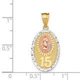 Our Lady of Guadalupe Oval with Number 15 Charm Pendant in Real 14k Multi-Tone Gold