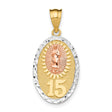 Our Lady of Guadalupe Oval with Number 15 Charm Pendant in Real 14k Multi-Tone Gold
