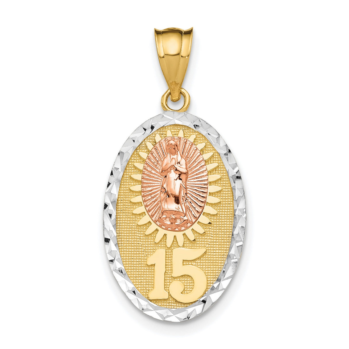 Our Lady of Guadalupe Oval with Number 15 Charm Pendant in Real 14k Multi-Tone Gold