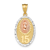 Our Lady of Guadalupe Oval with Number 15 Charm Pendant in Real 14k Multi-Tone Gold
