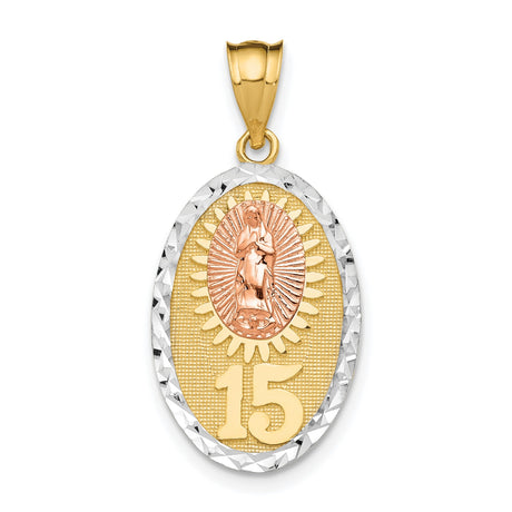 14k Two-Tone Gold Guadalupe Pendant with Sunburst Design and Number 15 Charm