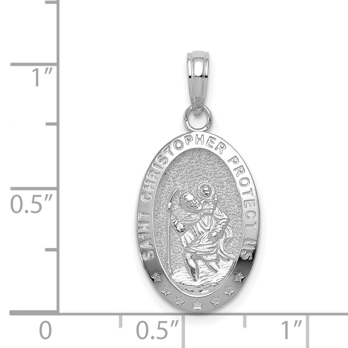 Solid Saint Christopher Protect Us Words Oval Medal Charm Pendant in Real 14k White Gold