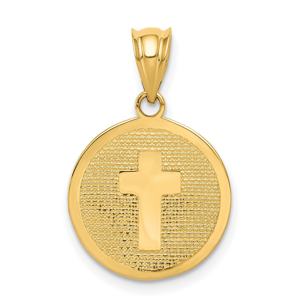 Cross Round Medal with 1st Holy Communion Words Back Charm Pendant in Real 14k Yellow Gold