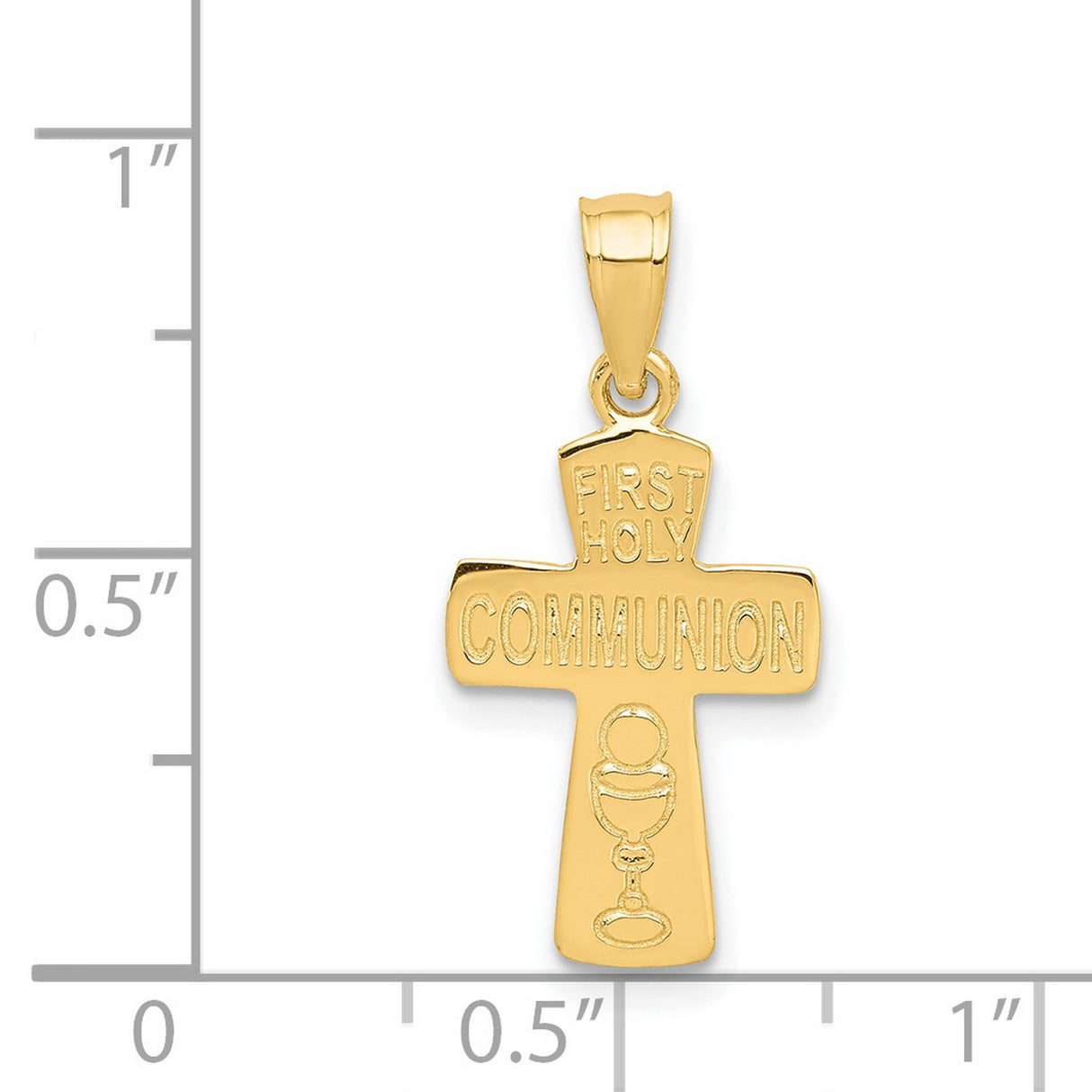 First Holy Communion Words And Chalice Cup Cross Shaped Charm Pendant in Real 14k Yellow Gold