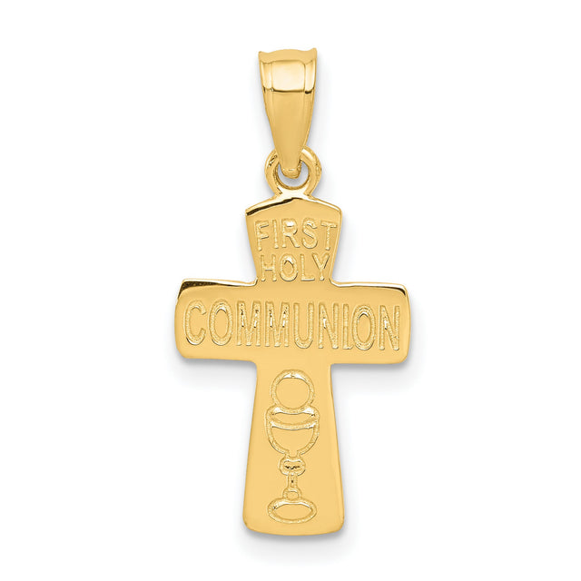 First Holy Communion Words And Chalice Cup Cross Shaped Charm Pendant in Real 14k Yellow Gold