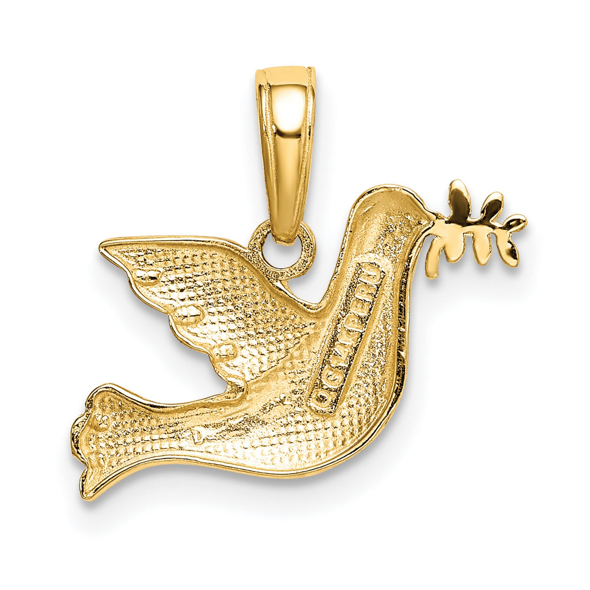 14k Yellow Gold Dove Pendant with Olive Branch, Christian Faith Symbol of Peace and Hope