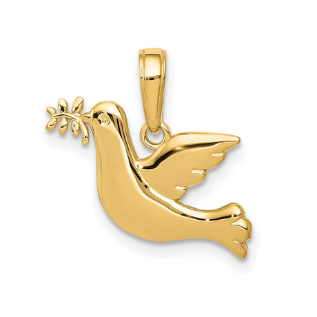 14k Yellow Gold Dove Pendant with Olive Branch, Christian Faith Symbol of Peace and Hope