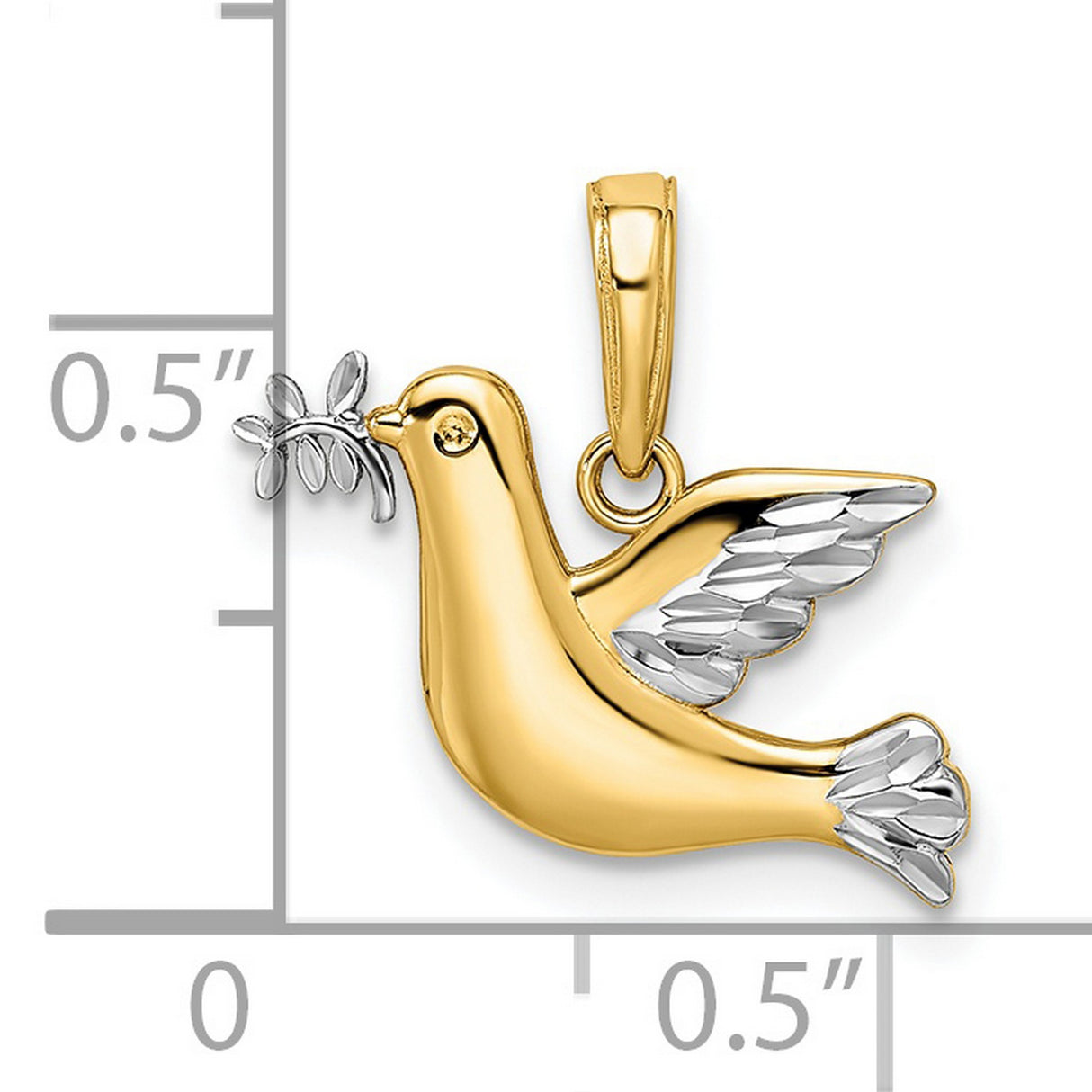 White Rhodium Polished Diamond-Cut Dove Charm Pendant in Real 14k Multi-Tone Gold
