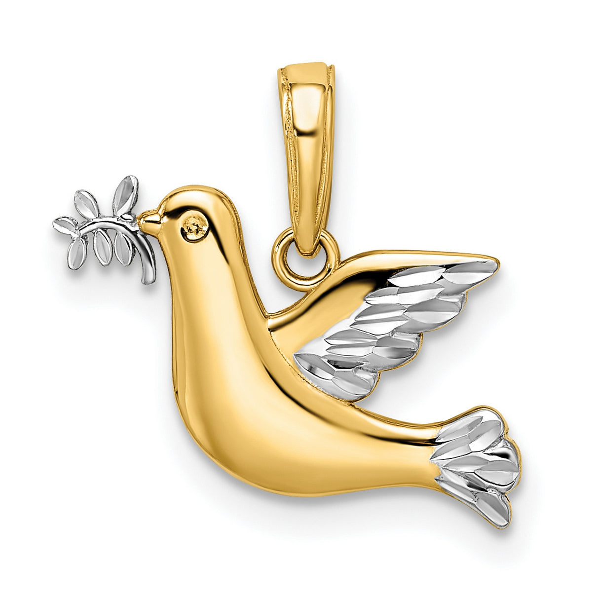 White Rhodium Polished Diamond-Cut Dove Charm Pendant in Real 14k Multi-Tone Gold