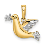 White Rhodium Polished Diamond-Cut Dove Charm Pendant in Real 14k Multi-Tone Gold