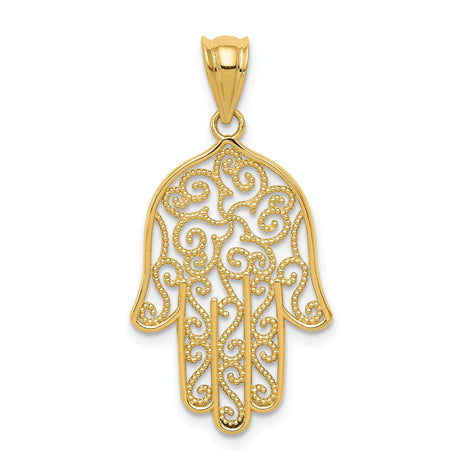 14k Yellow Gold Hamsa Pendant, Filigree Hand of Fatima Amulet, Middle Eastern Spiritual Jewelry