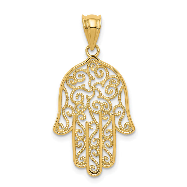 14k Yellow Gold Hamsa Pendant, Filigree Hand of Fatima Amulet, Middle Eastern Spiritual Jewelry